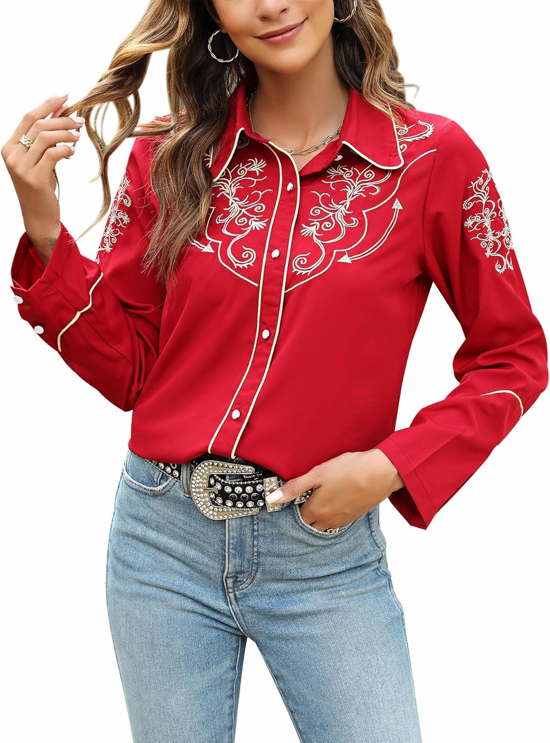 Western Shirts for Women Cowgirl Sexy Dressy Long Sleeve Black Embroidered Button Up Ladies Blusas Vaqueras para Mujer