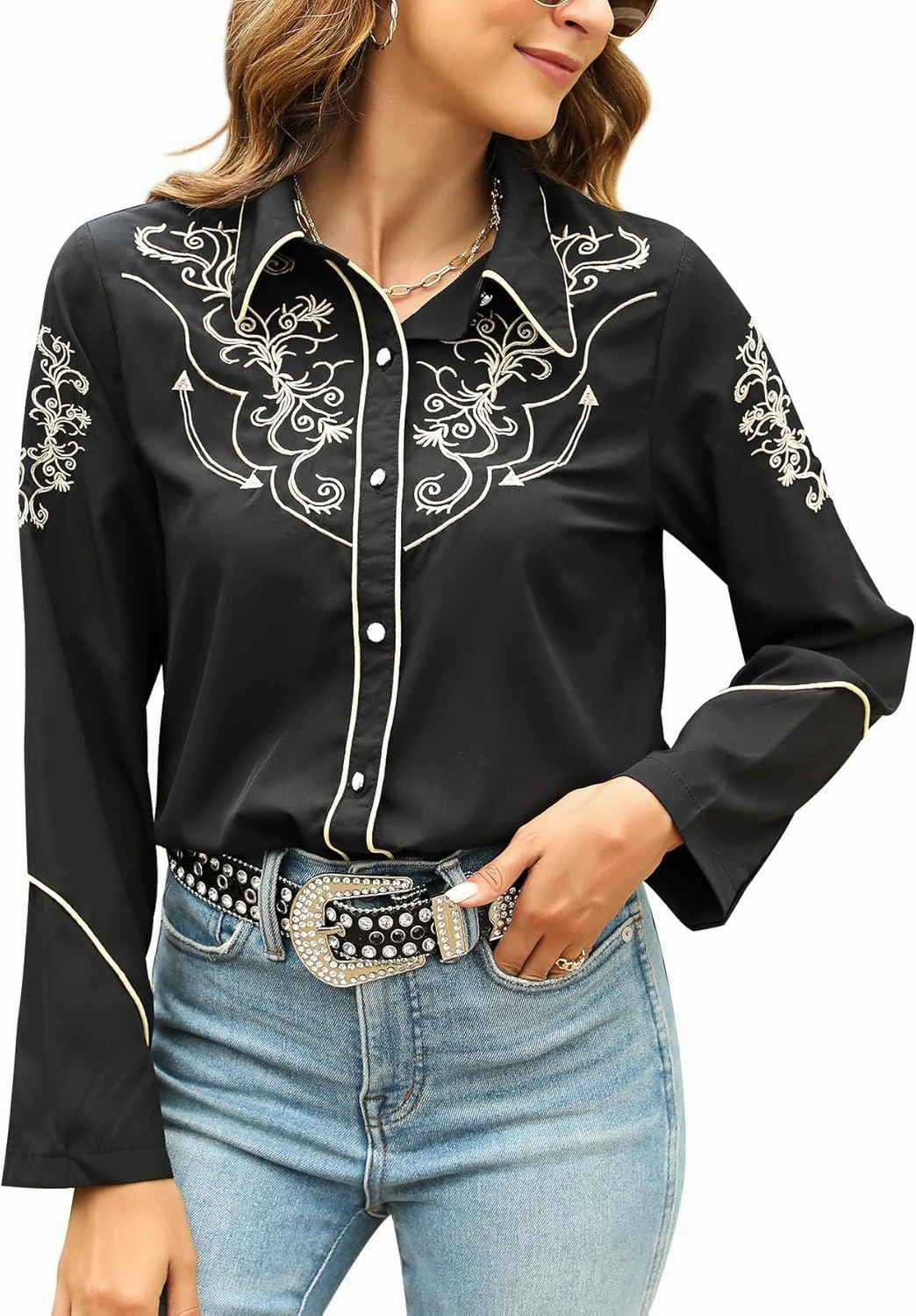 Western Shirts for Women Cowgirl Sexy Dressy Long Sleeve Black Embroidered Button Up Ladies Blusas Vaqueras para Mujer