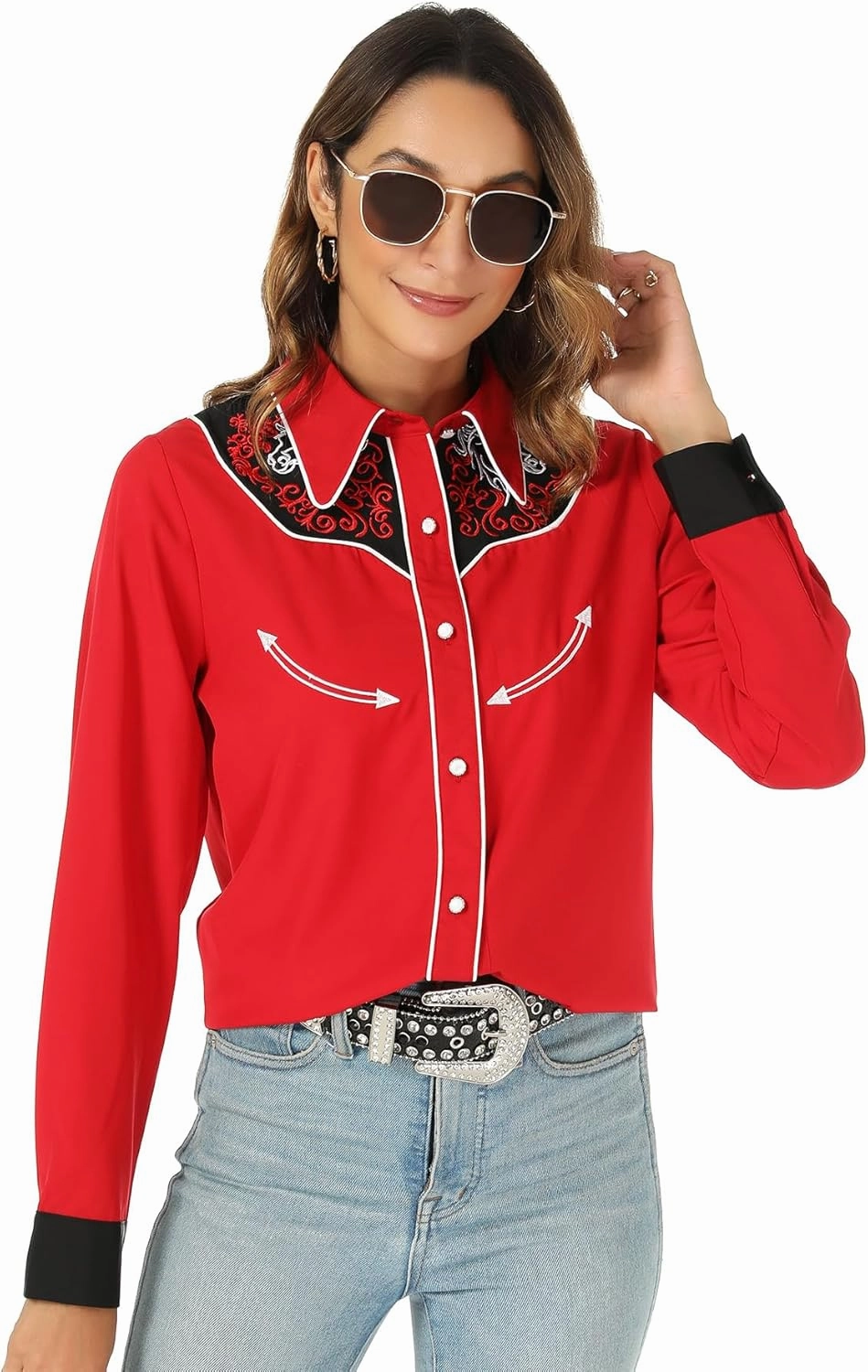 Western Shirts for Women Cowgirl Sexy Dressy Long Sleeve Black Embroidered Button Up Ladies Blusas Vaqueras para Mujer
