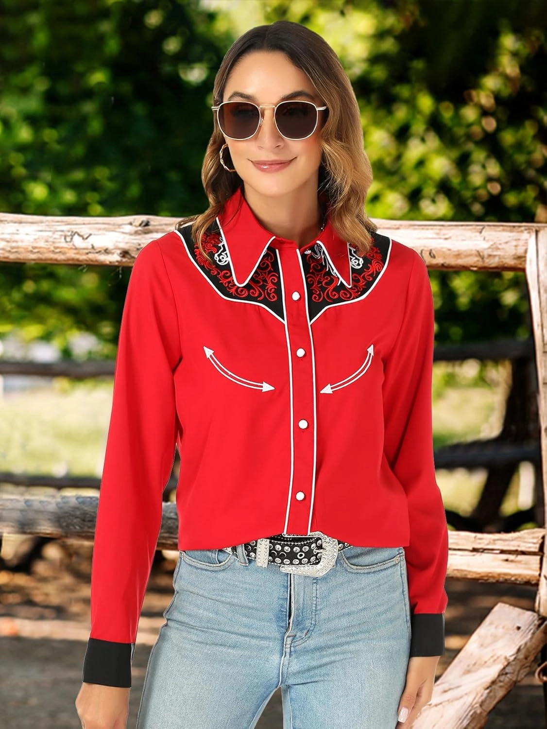 Western Shirts for Women Cowgirl Sexy Dressy Long Sleeve Black Embroidered Button Up Ladies Blusas Vaqueras para Mujer