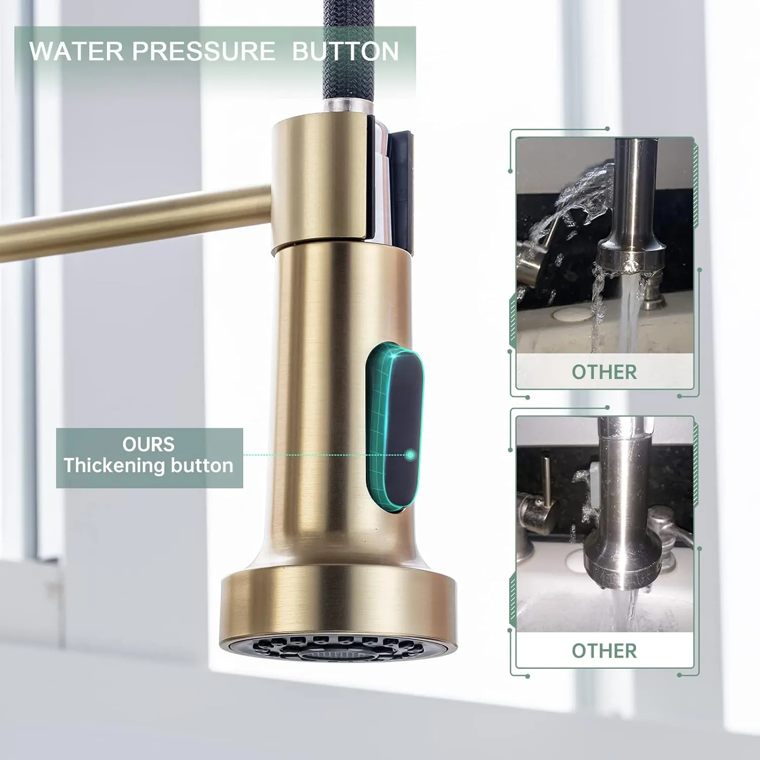 WEWE Brushed Gold Kitchen Faucet with Pull Down Sprayer, RV Brass Kitchen Faucet Stainless Steel Single Handle Spring Faucet with Deck Plate for Farmhouse Utility bar Laundry Sinks