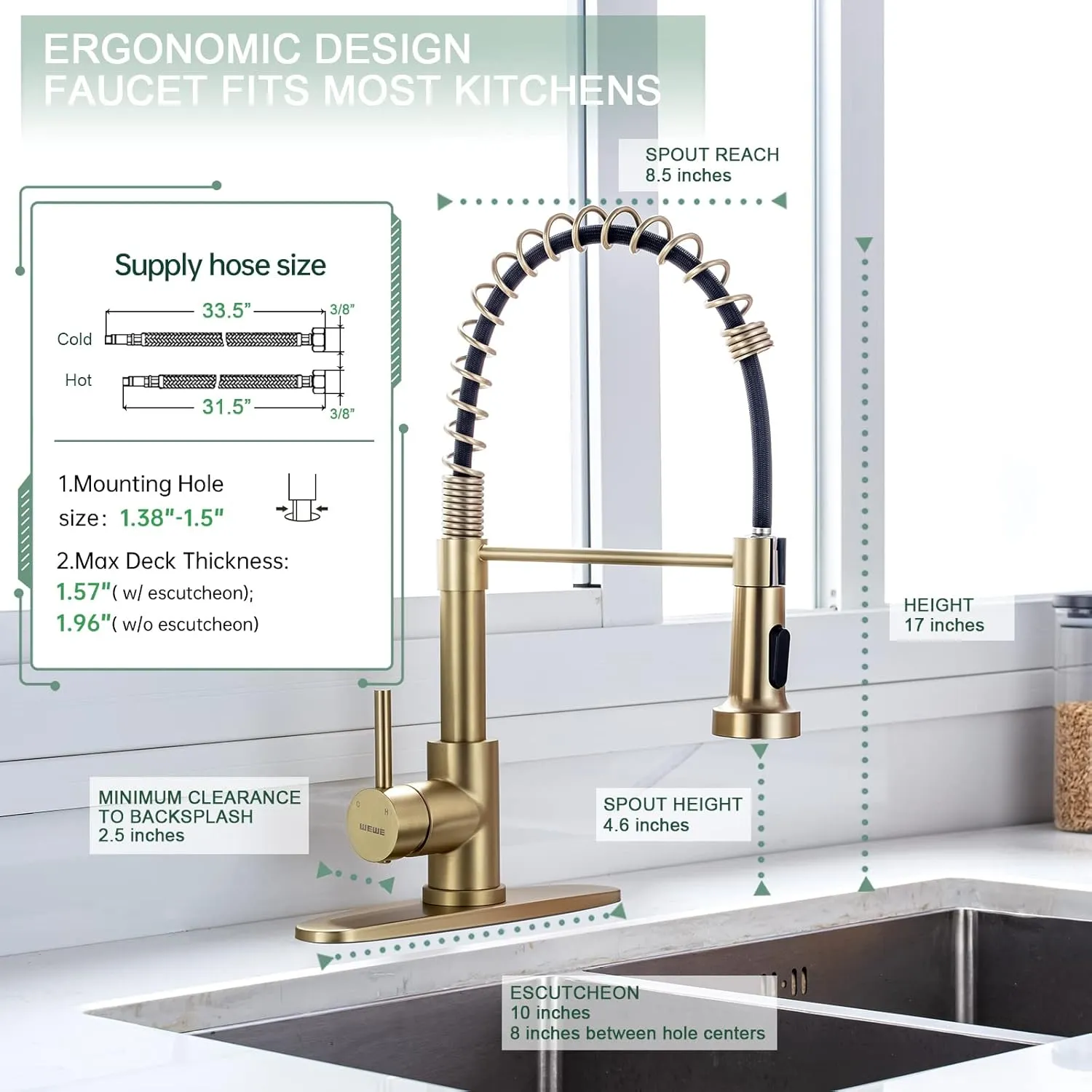 WEWE Brushed Gold Kitchen Faucet with Pull Down Sprayer, RV Brass Kitchen Faucet Stainless Steel Single Handle Spring Faucet with Deck Plate for Farmhouse Utility bar Laundry Sinks
