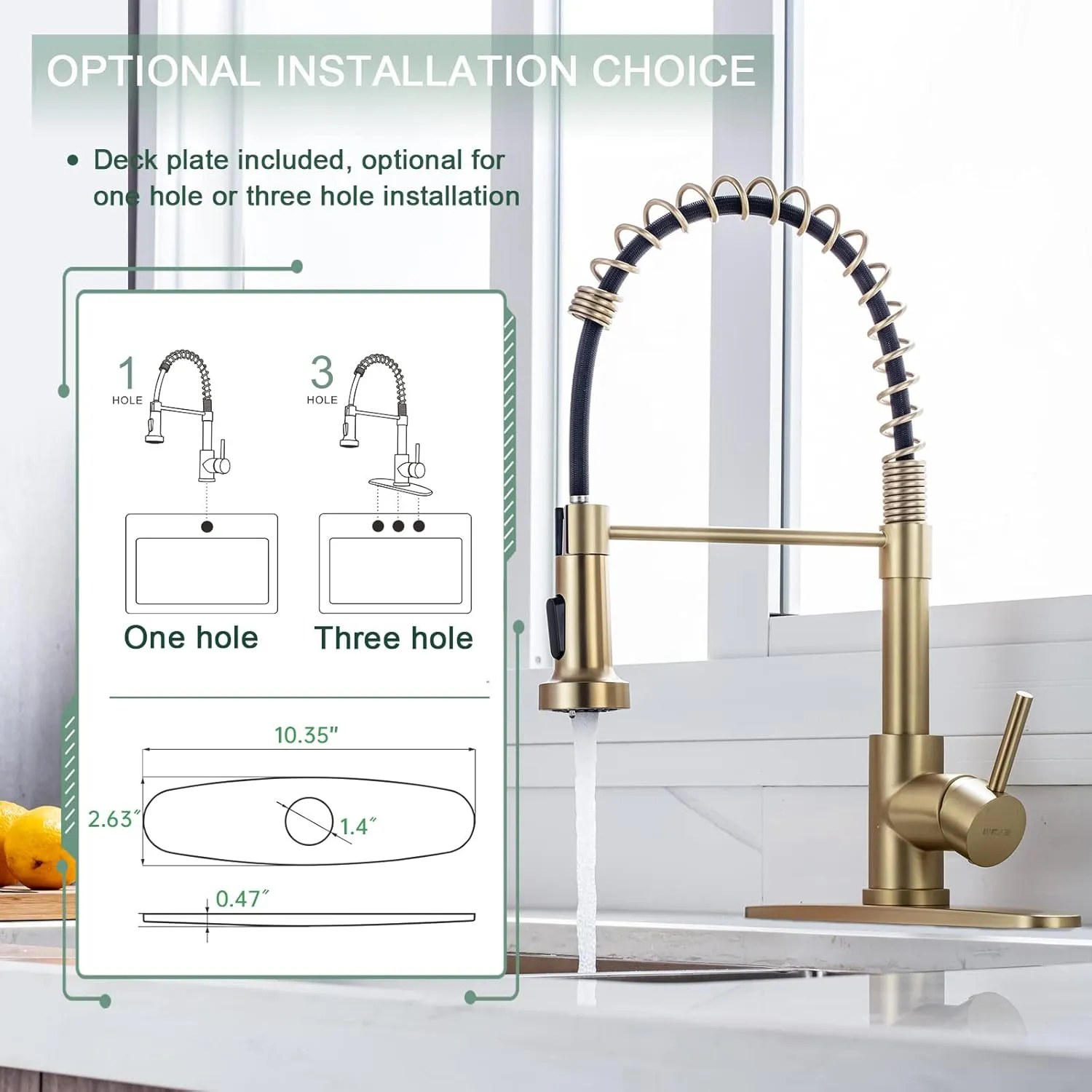 WEWE Brushed Gold Kitchen Faucet with Pull Down Sprayer, RV Brass Kitchen Faucet Stainless Steel Single Handle Spring Faucet with Deck Plate for Farmhouse Utility bar Laundry Sinks