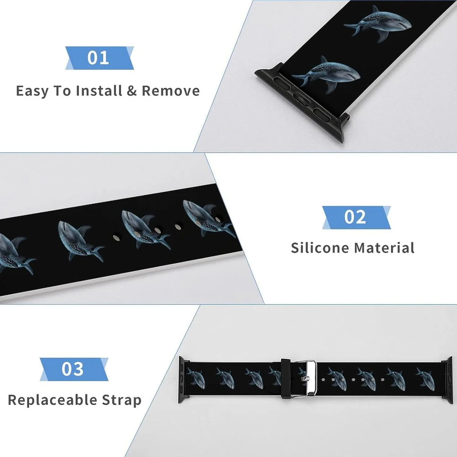 Whale Shark Adjustable Silicone Watchband Compatible with IWatch Classic Soft Sports Watch Strap for Men Women