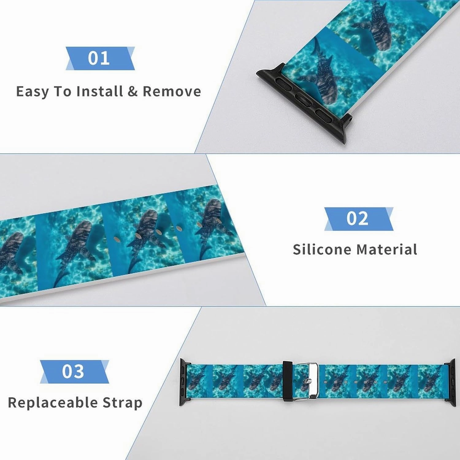 Whale Shark Ocean Adjustable Silicone Watchband Compatible with IWatch Classic Soft Sports Watch Strap for Men Women