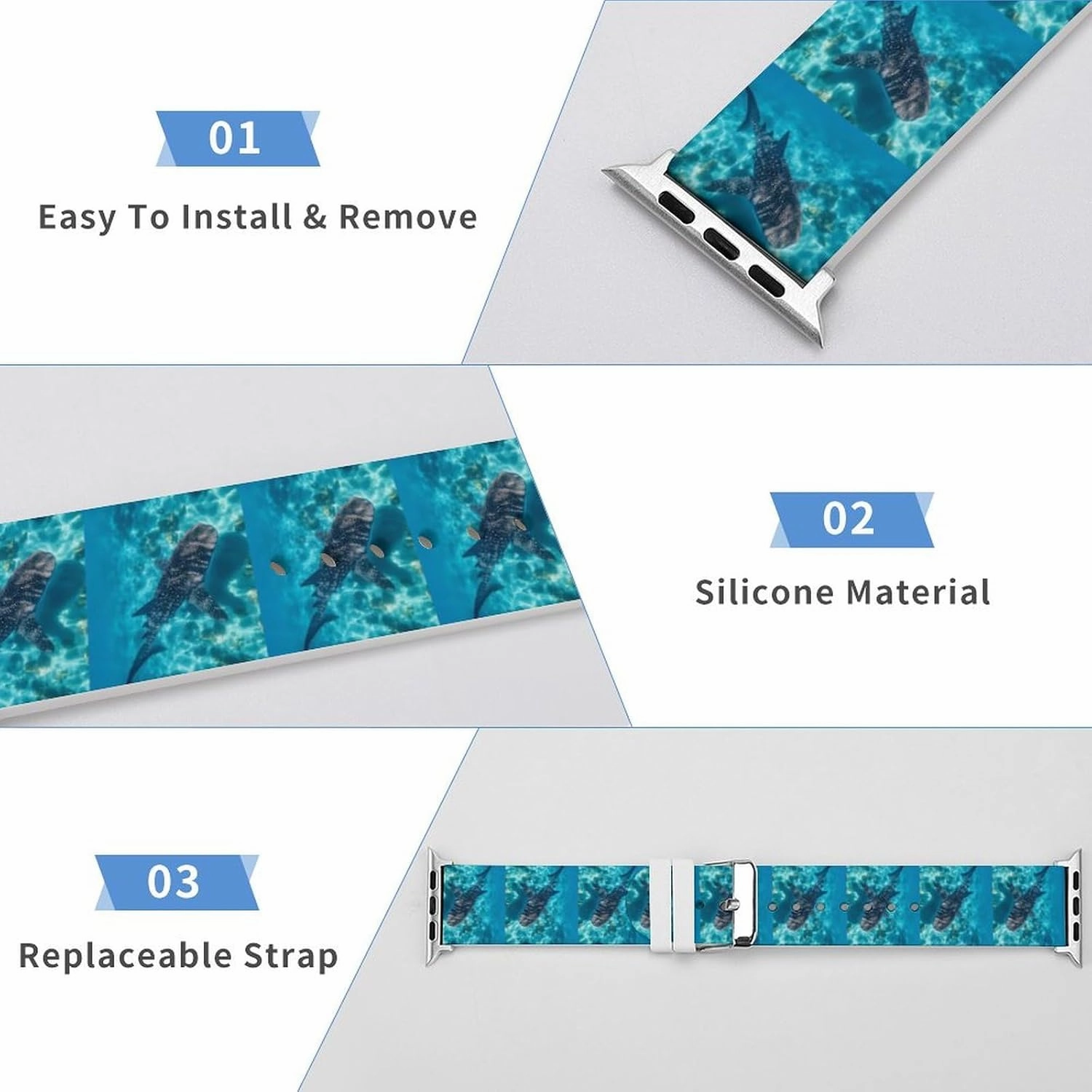 Whale Shark Ocean Adjustable Silicone Watchband Compatible with IWatch Classic Soft Sports Watch Strap for Men Women