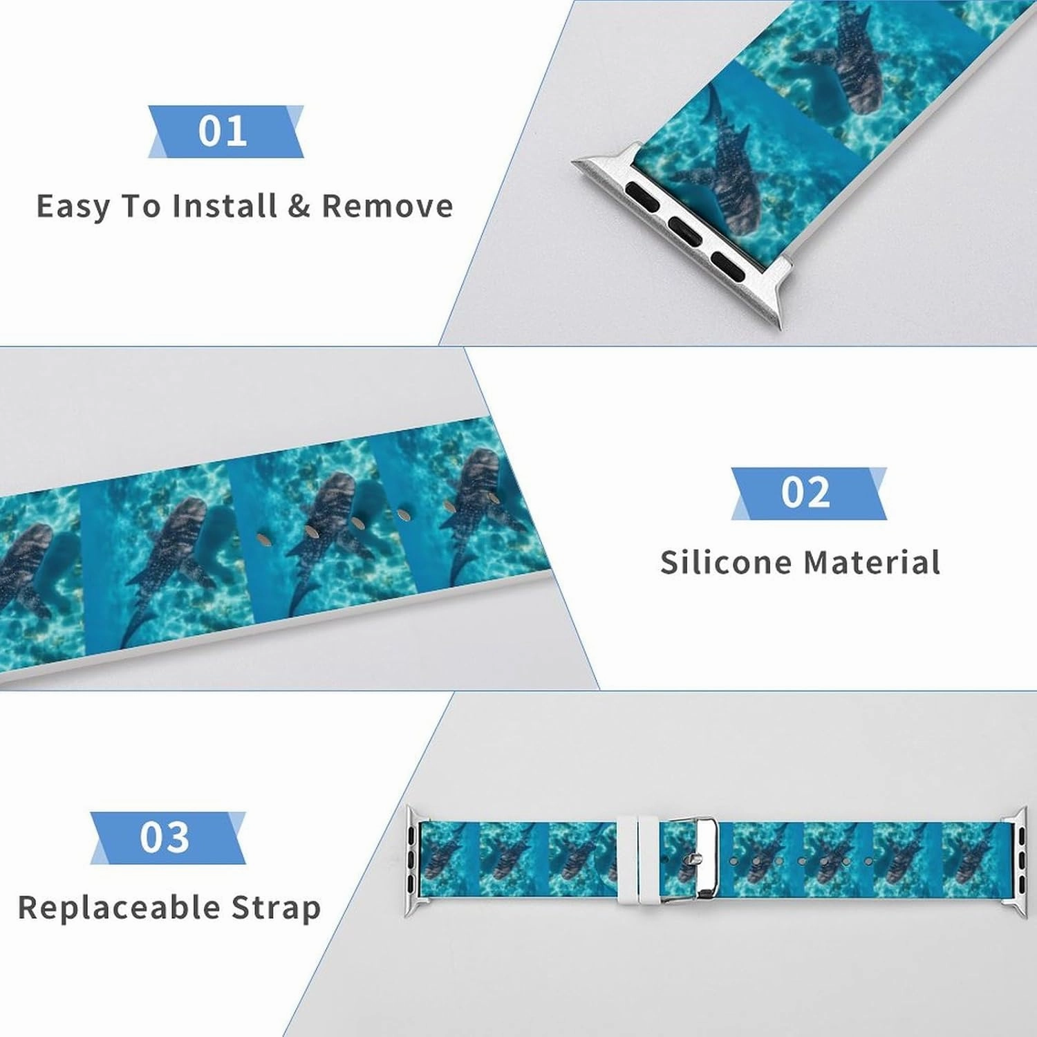 Whale Shark Ocean Adjustable Silicone Watchband Compatible with IWatch Classic Soft Sports Watch Strap for Men Women