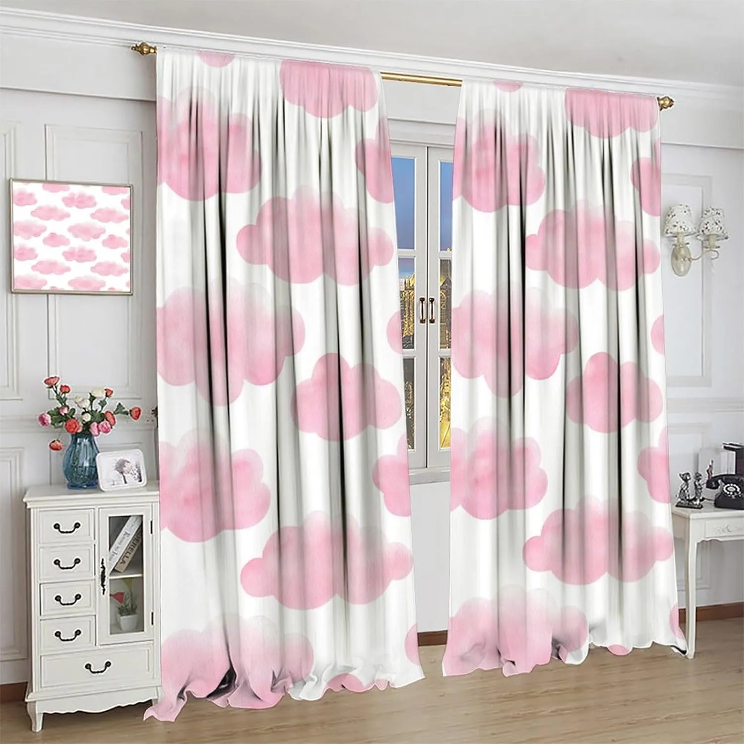 White Pink Cloud Curtains for Girls Bedroom Blackout Cute Printed Cloud Pom Pom Farmhouse Rod Pocket Elegant Window Treatment for Living Room 42x45 Inch, Style-1
