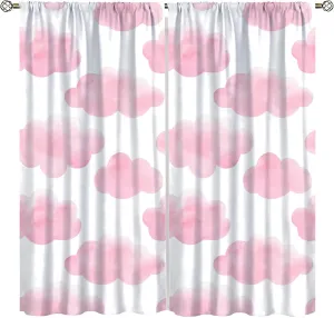 White Pink Cloud Curtains for Girls Bedroom Blackout Cute Printed Cloud Pom Pom Farmhouse Rod Pocket Elegant Window Treatment for Living Room 42x45 Inch, Style-1