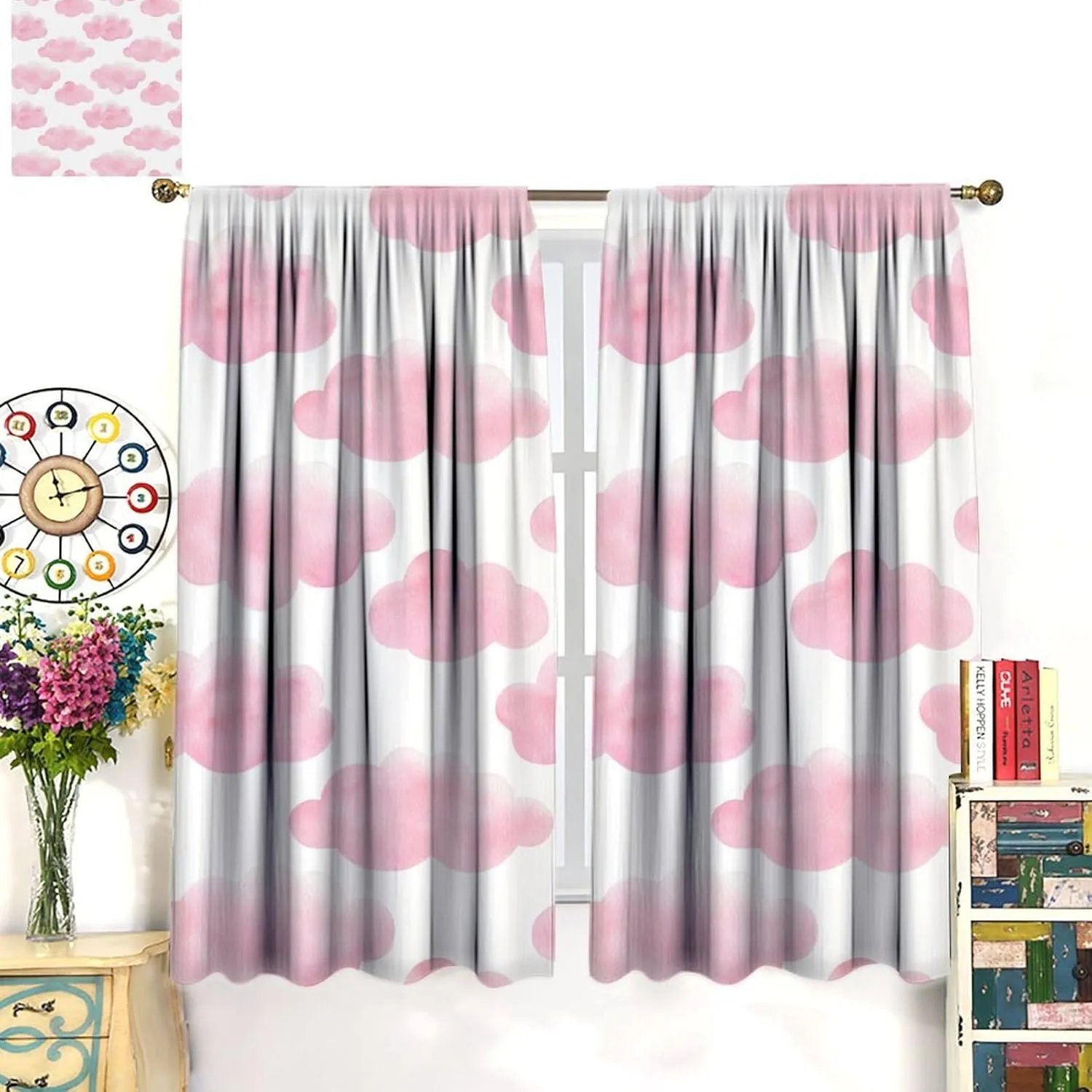 White Pink Cloud Curtains for Girls Bedroom Blackout Cute Printed Cloud Pom Pom Farmhouse Rod Pocket Elegant Window Treatment for Living Room 42x45 Inch, Style-1