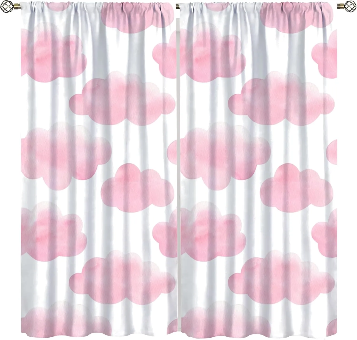 White Pink Cloud Curtains for Girls Bedroom Blackout Cute Printed Cloud Pom Pom Farmhouse Rod Pocket Elegant Window Treatment for Living Room 42x45 Inch, Style-1