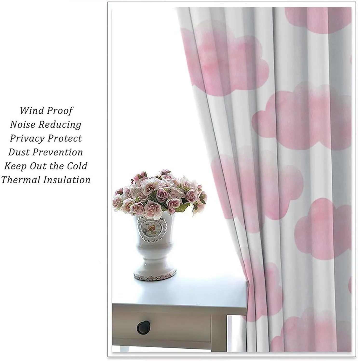 White Pink Cloud Curtains for Girls Bedroom Blackout Cute Printed Cloud Pom Pom Farmhouse Rod Pocket Elegant Window Treatment for Living Room 42x45 Inch, Style-1