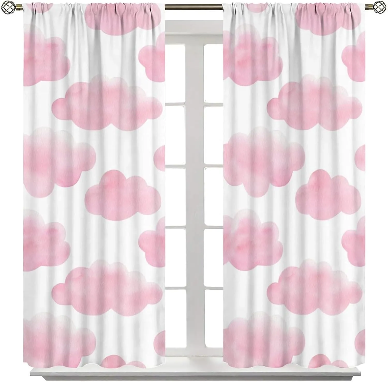 White Pink Cloud Curtains for Girls Bedroom Blackout Cute Printed Cloud Pom Pom Farmhouse Rod Pocket Elegant Window Treatment for Living Room 42x45 Inch, Style-1