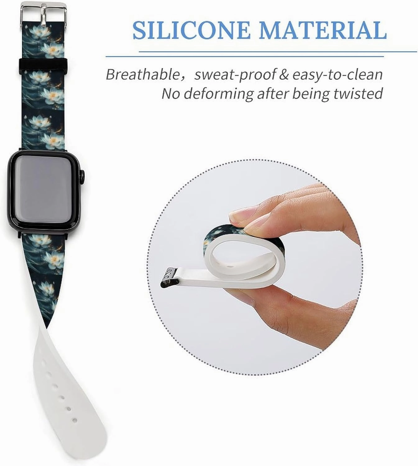White Flowers Adjustable Silicone Watchband Compatible with IWatch Classic Soft Sports Watch Strap for Men Women