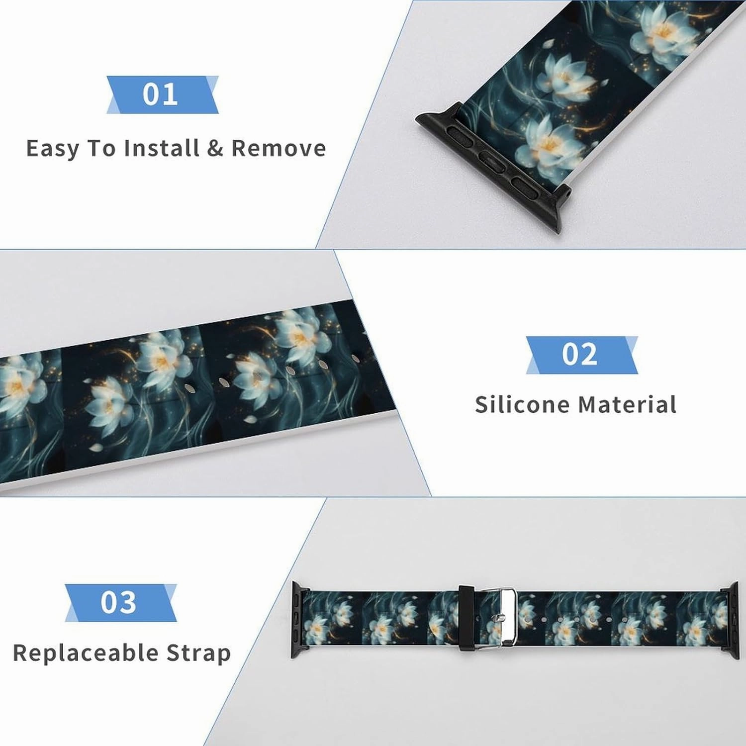 White Flowers Adjustable Silicone Watchband Compatible with IWatch Classic Soft Sports Watch Strap for Men Women