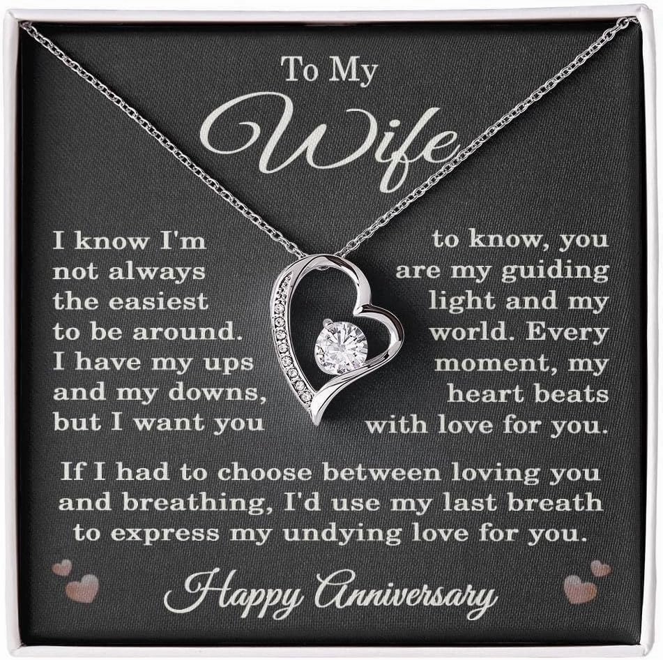 Wife Anniversary Necklace for Wife from Husband To My Wife Happy Anniversary Jewelry for Her Women Forever Love Pendant Standard Box 14k White Gold Finish