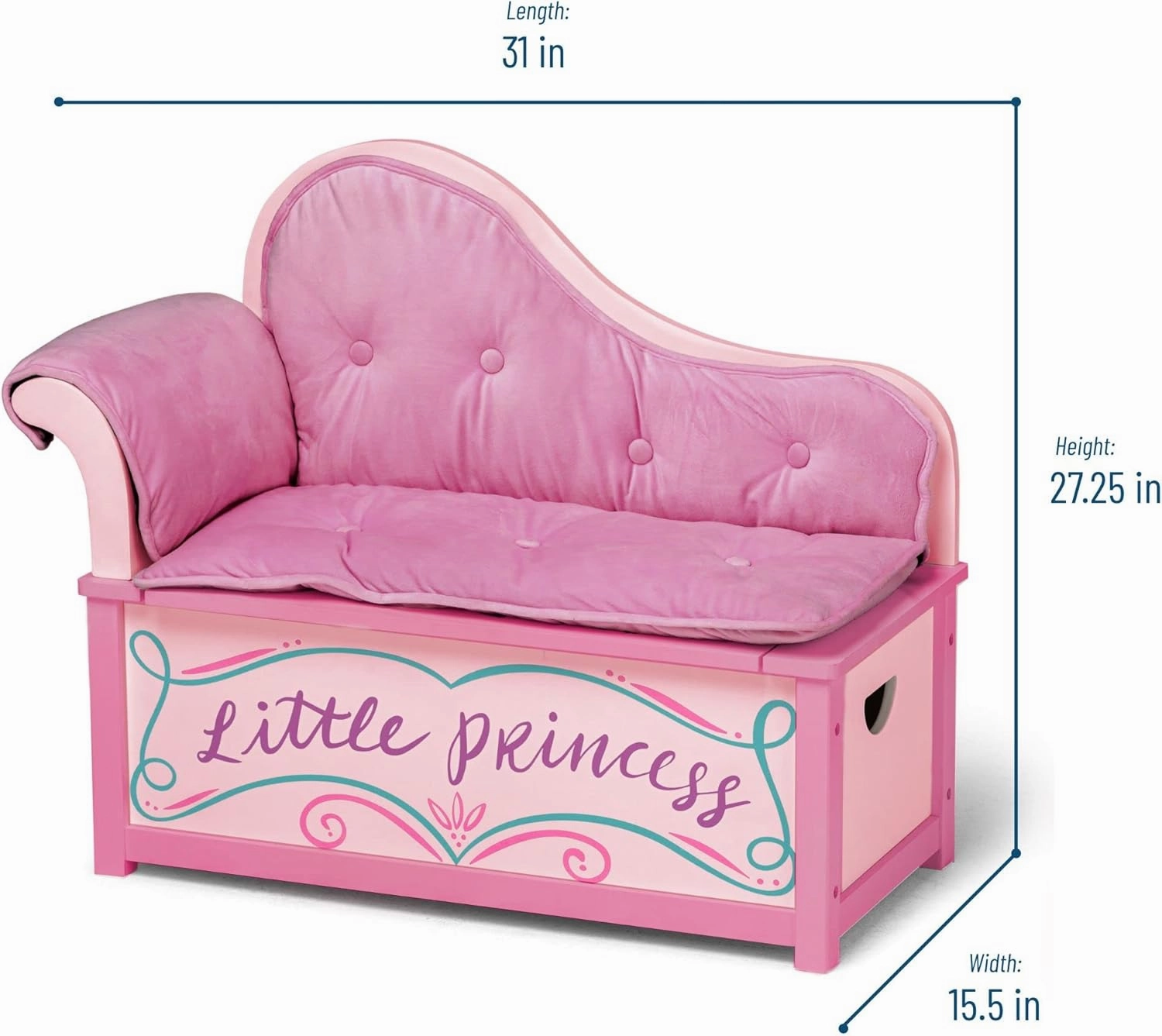 Wildkin Kids Princess Chaise Lounge with Storage, Features Toy Box Bench Seat Safety Hinge, Two Carrying Handles, and Removable Back, Arm, and Seat Cushions, Measures 32 x 15.5 x 27 Inches (Pink)