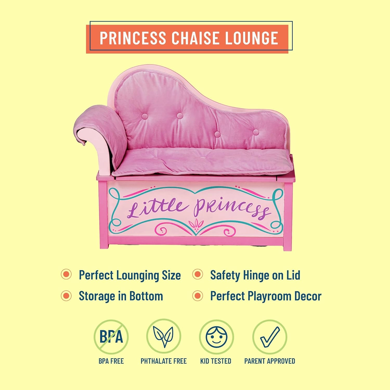Wildkin Kids Princess Chaise Lounge with Storage, Features Toy Box Bench Seat Safety Hinge, Two Carrying Handles, and Removable Back, Arm, and Seat Cushions, Measures 32 x 15.5 x 27 Inches (Pink)