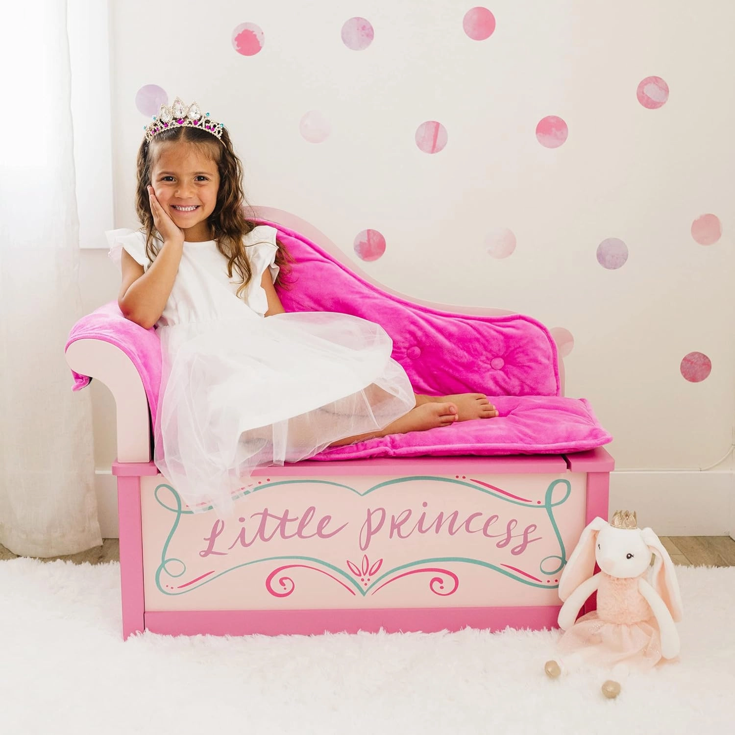 Wildkin Kids Princess Chaise Lounge with Storage, Features Toy Box Bench Seat Safety Hinge, Two Carrying Handles, and Removable Back, Arm, and Seat Cushions, Measures 32 x 15.5 x 27 Inches (Pink)