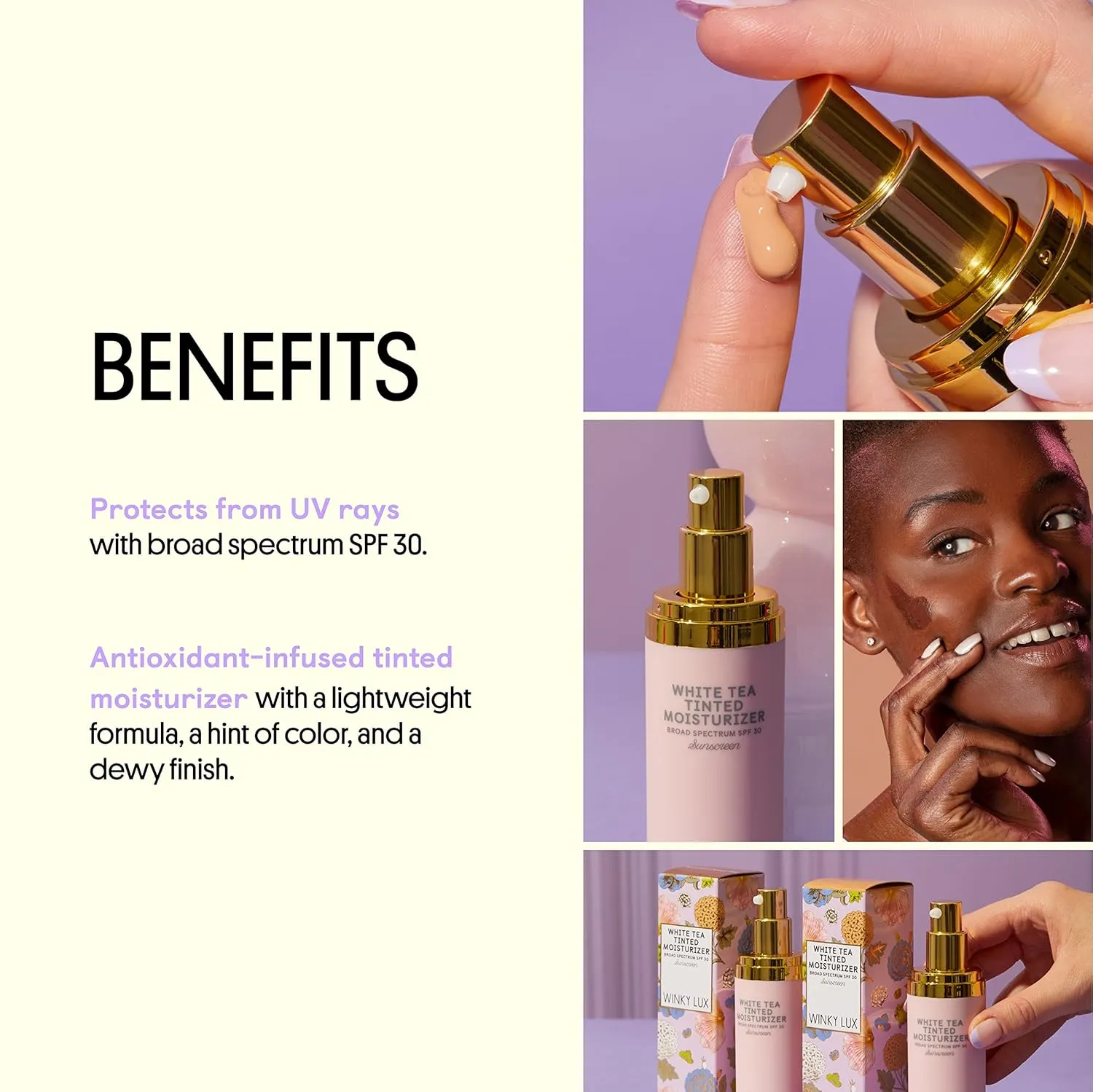 Winky Lux White Tea Tinted Moisturizer SPF 30 Sunscreen for Face with SPF, Makeup Face Moisturizer with Vitamin E, Light
