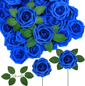 Winlyn 50 pcs Real Touch Blue Roses with Stems & Silk Leaves Bulk Artificial Flowers for Weddings Centerpieces Floral Arrangements Party Decorations Baby Showers Birthday Anniversaries DIY Crafts