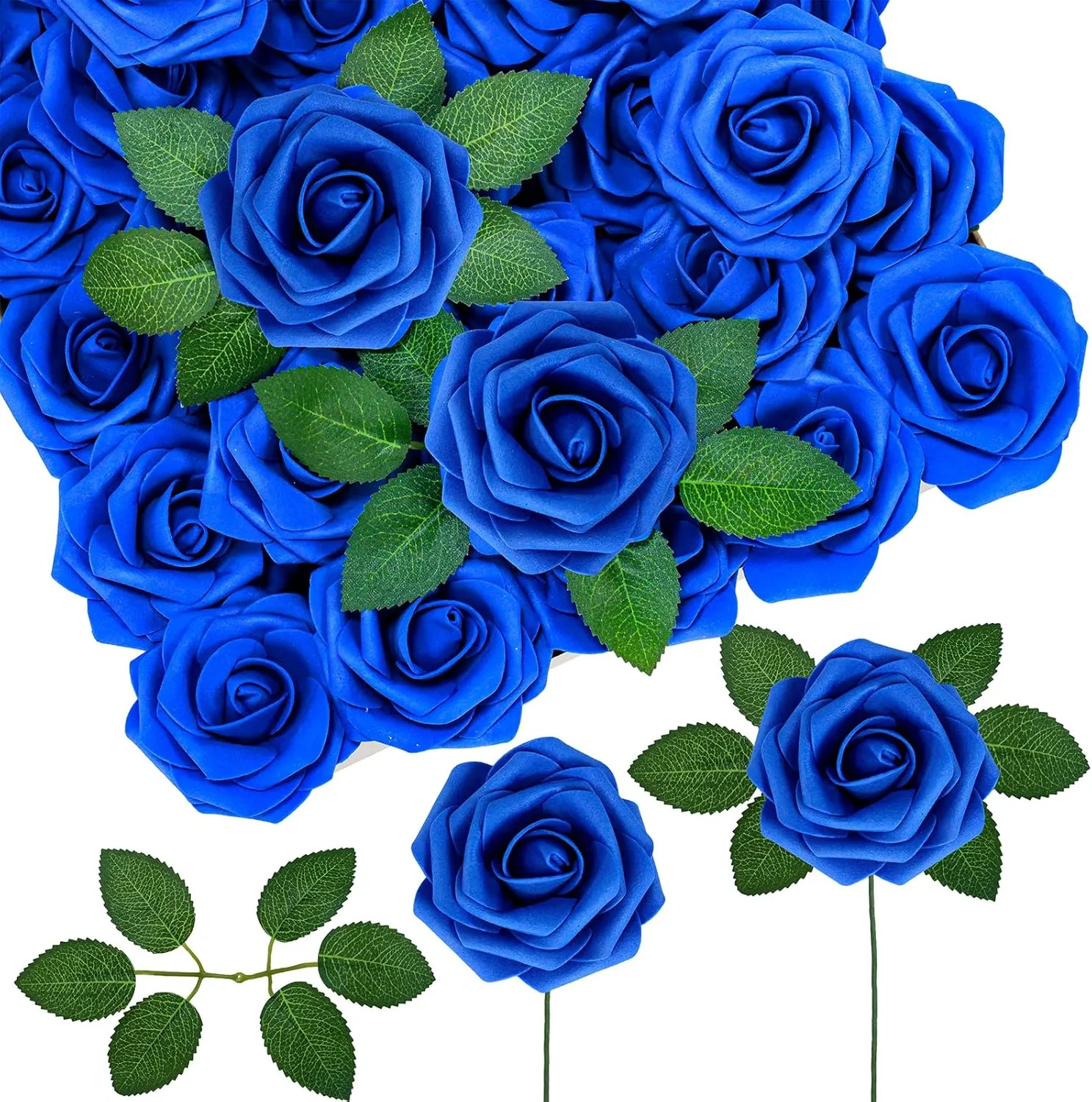 Winlyn 50 pcs Real Touch Blue Roses with Stems & Silk Leaves Bulk Artificial Flowers for Weddings Centerpieces Floral Arrangements Party Decorations Baby Showers Birthday Anniversaries DIY Crafts