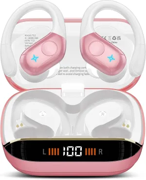 Wireless Earbuds Bluetooth 5.4 Headphones 75H Stereo Deep Bass Sports Over Ear Buds with Earhooks, LED Display Bluetooth Earbuds with 4 ENC Mic, IP7 Waterproof Earphone for Running, Pink