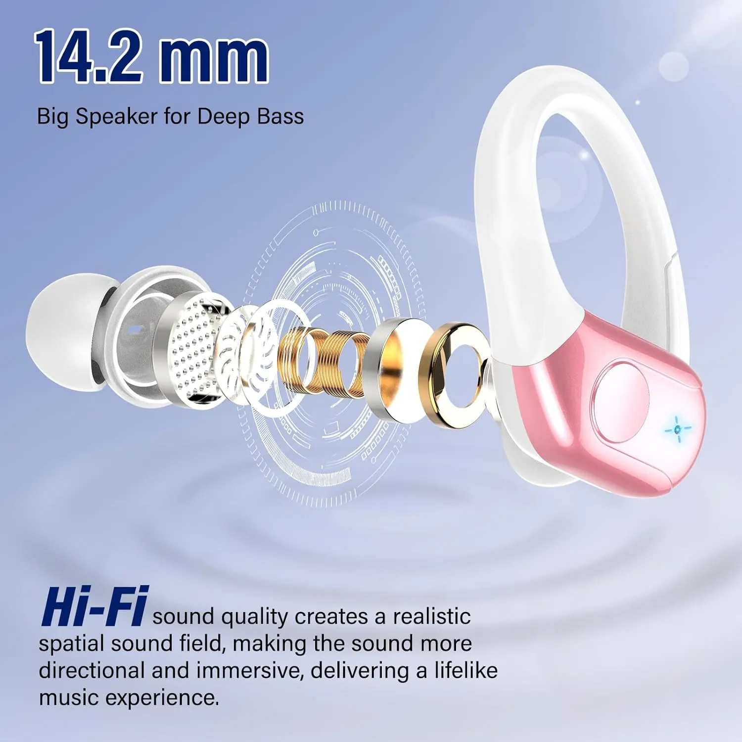 Wireless Earbuds Bluetooth 5.4 Headphones 75H Stereo Deep Bass Sports Over Ear Buds with Earhooks, LED Display Bluetooth Earbuds with 4 ENC Mic, IP7 Waterproof Earphone for Running, Pink