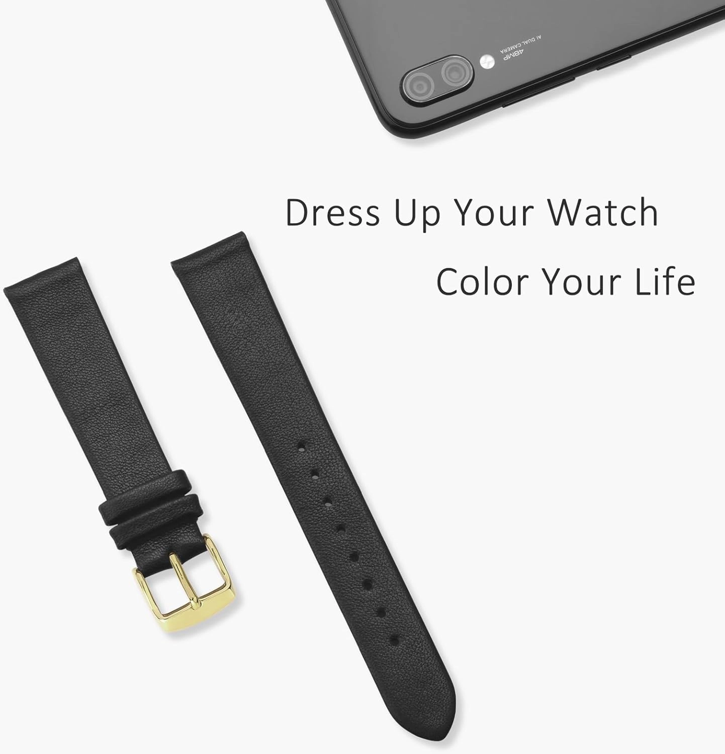 WOCCI 18mm Lug Width, Elegant Watch Band, Genuine Leather Replacement Strap with Gold Buckle (Black)