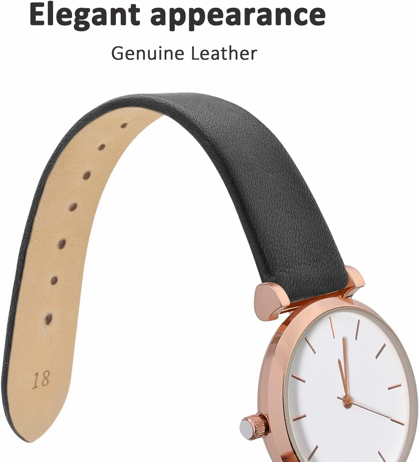 WOCCI 18mm Lug Width, Elegant Watch Band, Genuine Leather Replacement Strap with Gold Buckle (Black)