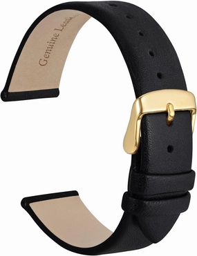WOCCI 18mm Lug Width, Elegant Watch Band, Genuine Leather Replacement Strap with Gold Buckle (Black)