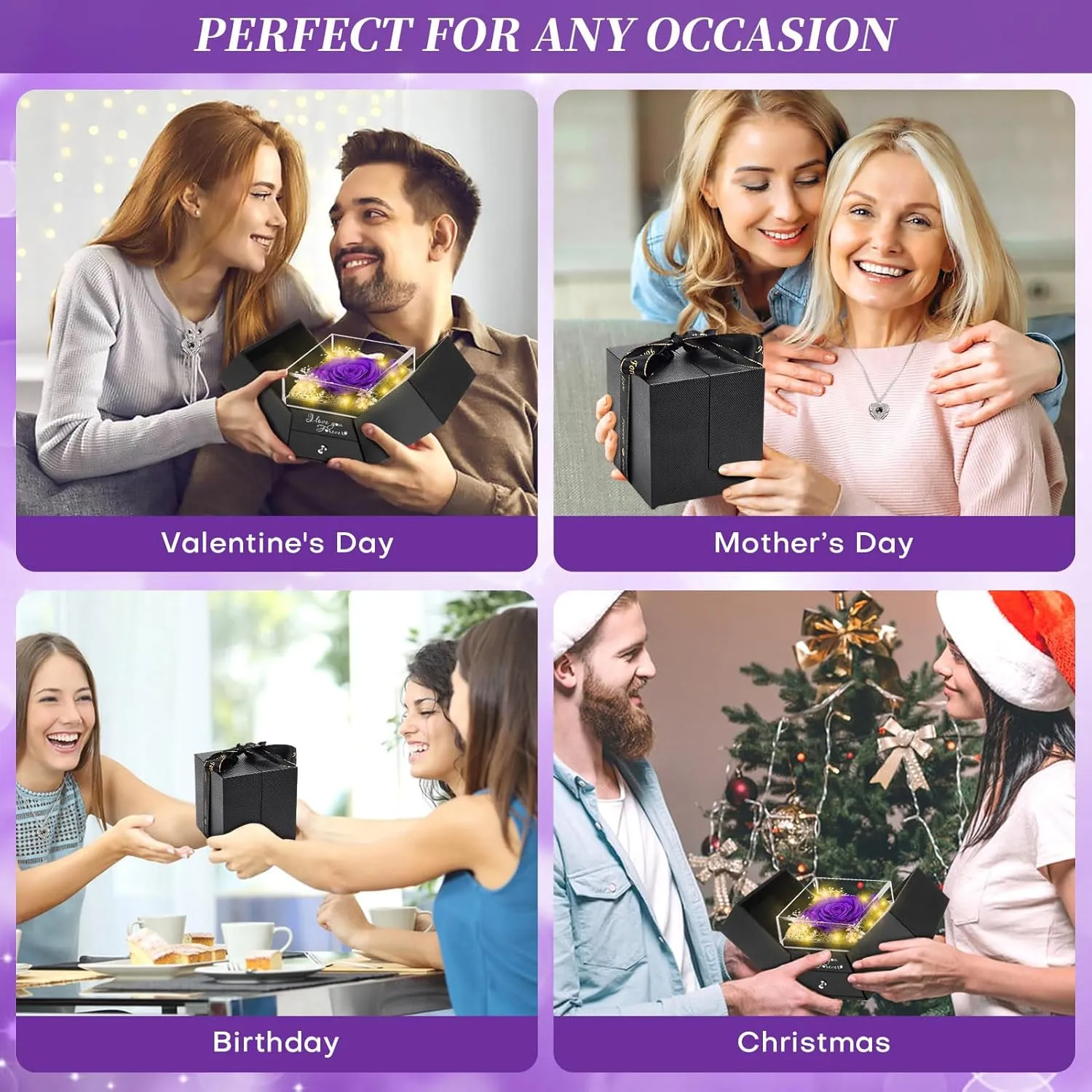 WOKEISE Lighted Preserved Real Rose Flowers with I Love You Heart Necklace, Anniversary Birthday Gifts for Women Girlfriend Wife Mom Grandma,Valentines Mothers Day, Purple
