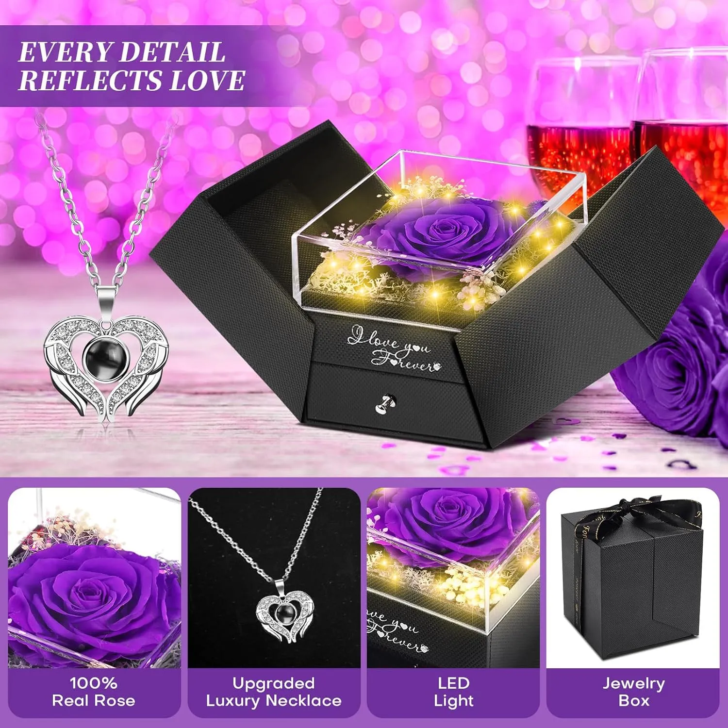 WOKEISE Lighted Preserved Real Rose Flowers with I Love You Heart Necklace, Anniversary Birthday Gifts for Women Girlfriend Wife Mom Grandma,Valentines Mothers Day, Purple