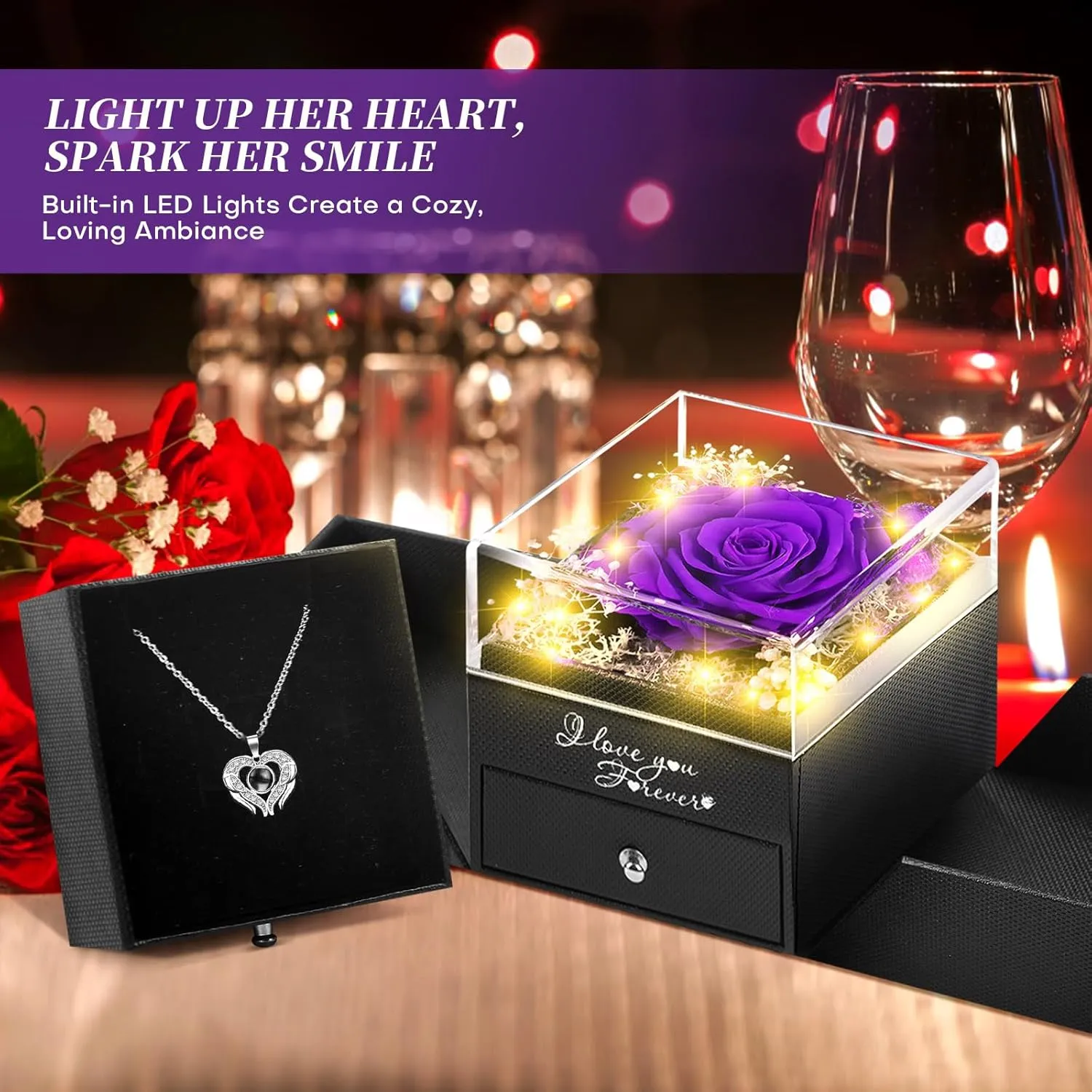 WOKEISE Lighted Preserved Real Rose Flowers with I Love You Heart Necklace, Anniversary Birthday Gifts for Women Girlfriend Wife Mom Grandma,Valentines Mothers Day, Purple