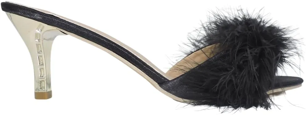 Women Sexy Black Kitten Fur Heels Fuzzy Heeled Slippers for Lingerie Dating Party