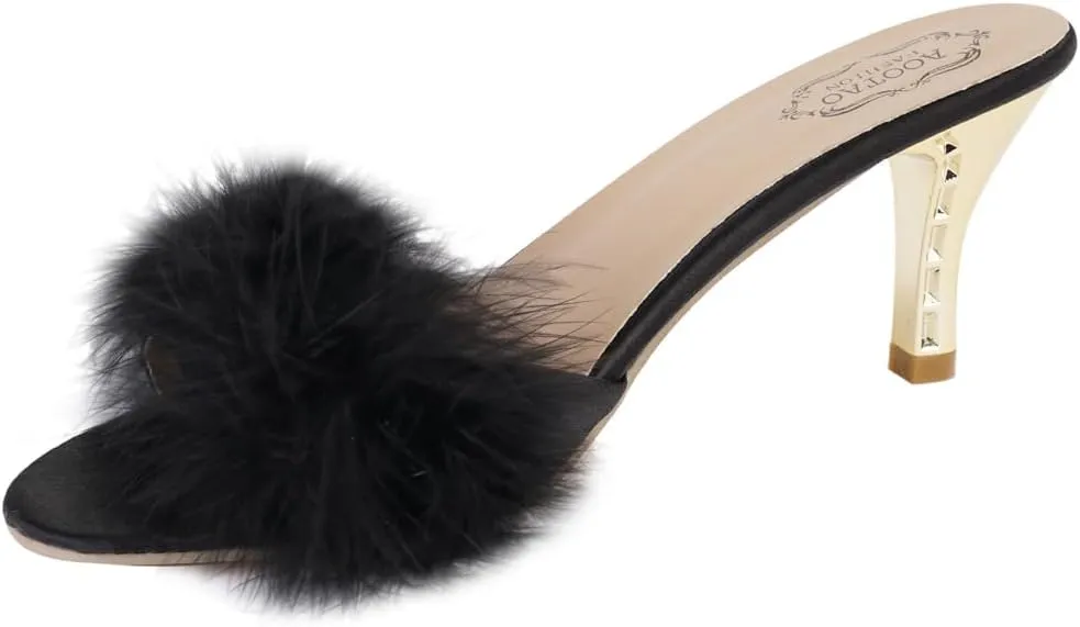Women Sexy Black Kitten Fur Heels Fuzzy Heeled Slippers for Lingerie Dating Party