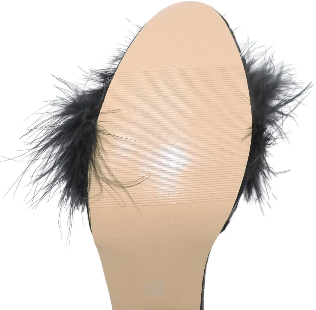 Women Sexy Black Kitten Fur Heels Fuzzy Heeled Slippers for Lingerie Dating Party