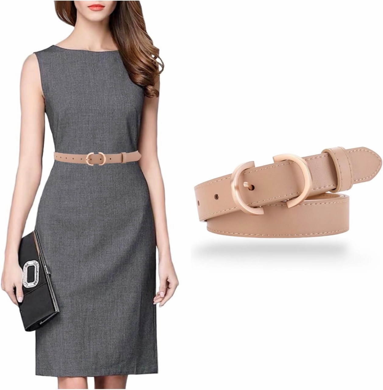 Women's Belt Soft Premium Genuine Leather Belts Waist Belt Solid Color Gold Buckle Waistband For Pants, Jeans & Dress