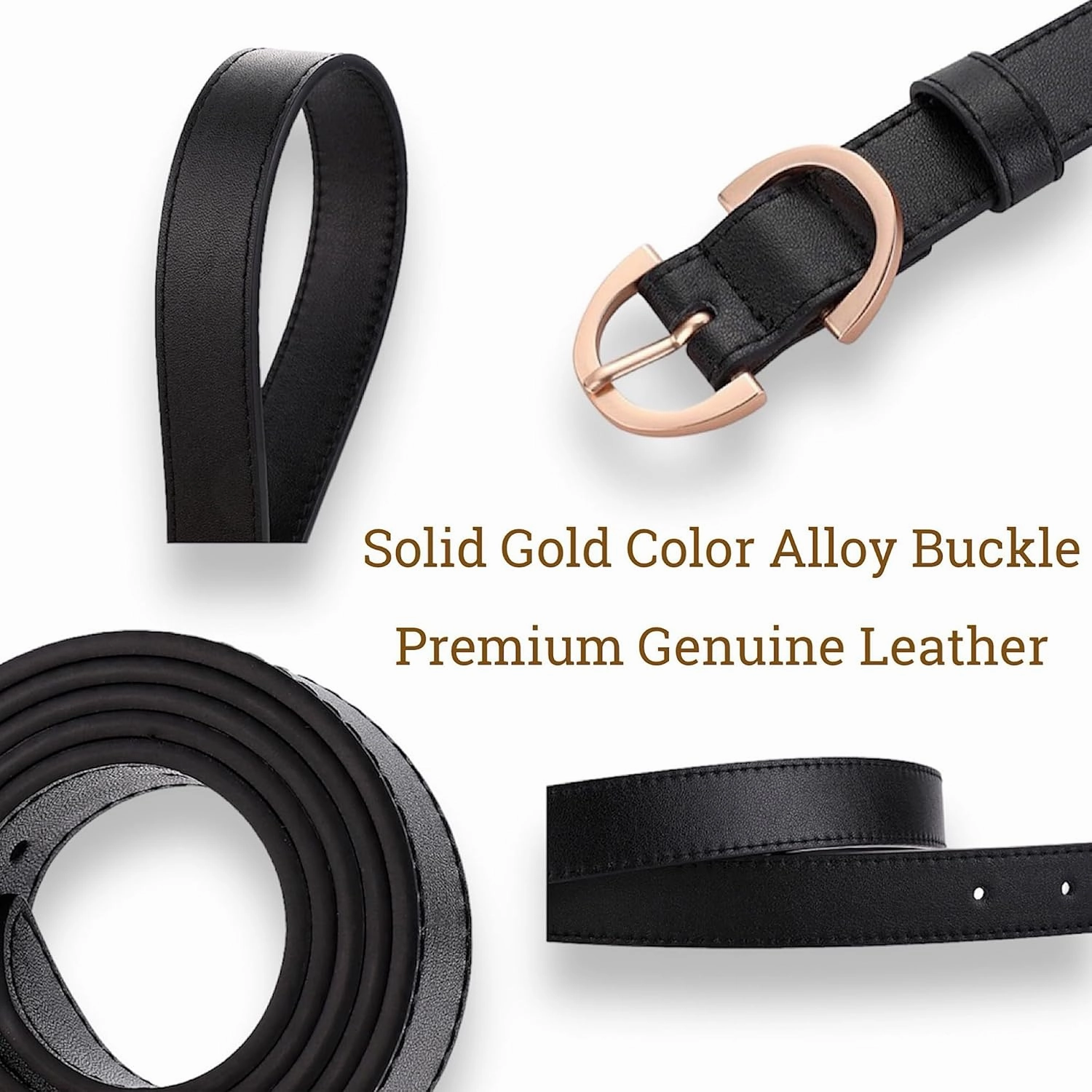 Women's Belt Soft Premium Genuine Leather Belts Waist Belt Solid Color Gold Buckle Waistband For Pants, Jeans & Dress