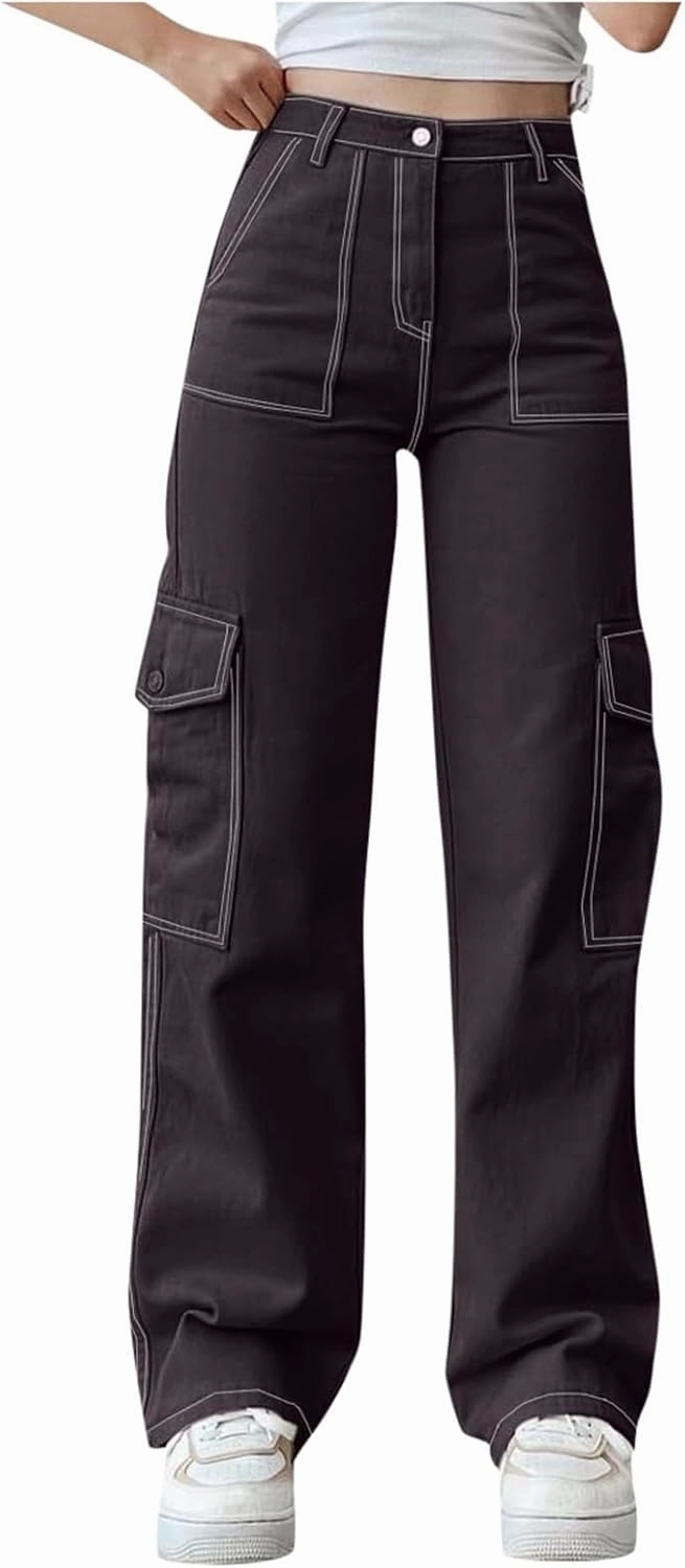 Women's High Waisted Cargo Pants Baggy High Waisted Parachute Pants with Pockets Wide Leg Y2K Streetwear Casual Pants