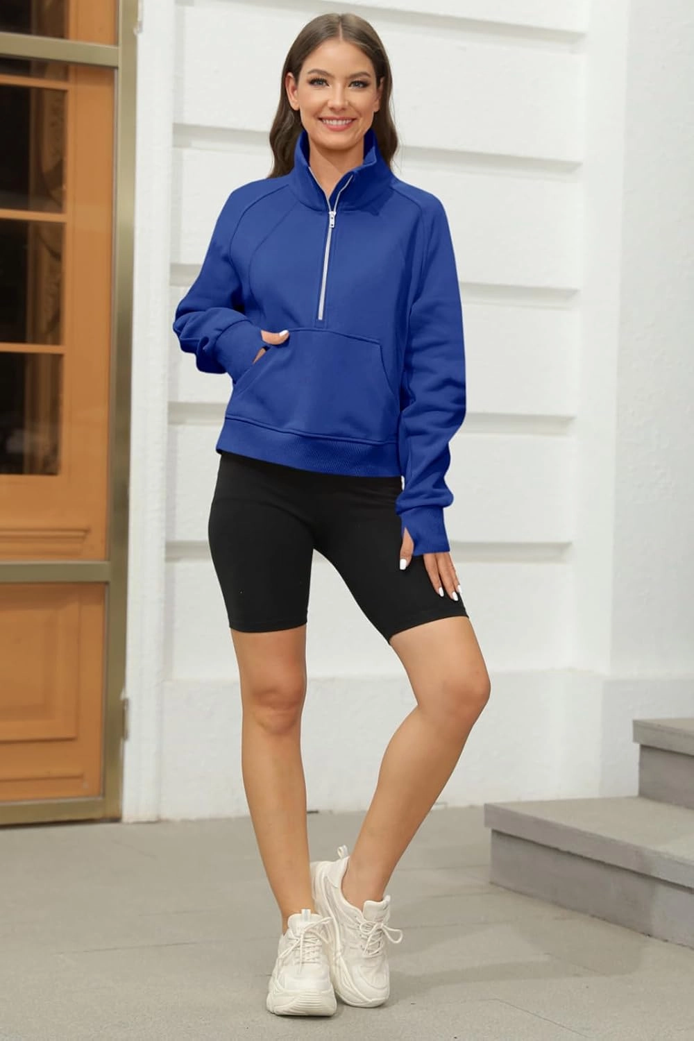 Women's Sweatshirts Fleece Lined Half Zipper Crop Pullover Tops Funnel Neck Long Sleeve Sweater Thumb Hole