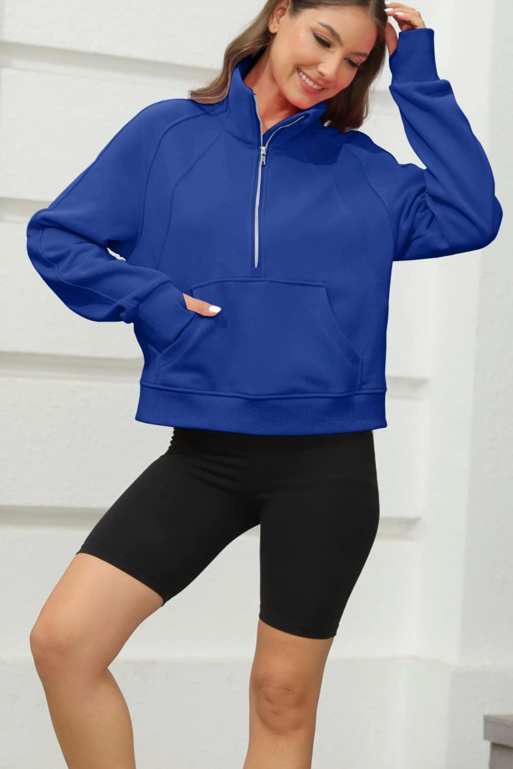 Women's Sweatshirts Fleece Lined Half Zipper Crop Pullover Tops Funnel Neck Long Sleeve Sweater Thumb Hole