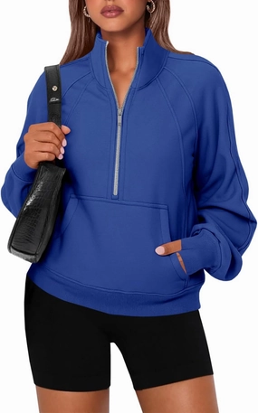 Women's Sweatshirts Fleece Lined Half Zipper Crop Pullover Tops Funnel Neck Long Sleeve Sweater Thumb Hole