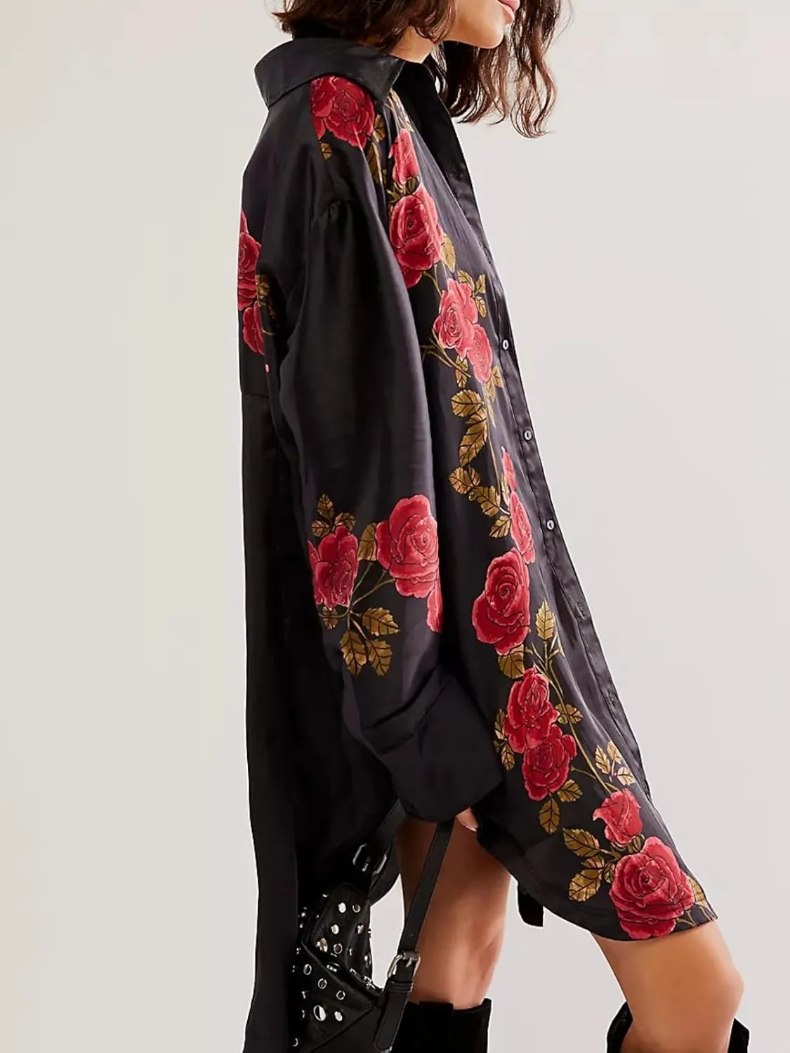 Women's Button Down Floral Print Shirt Dress Fall Fashion Long Sleeve Oversized Lightweight Blouses Tops
