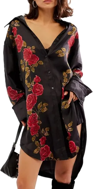Women's Button Down Floral Print Shirt Dress Fall Fashion Long Sleeve Oversized Lightweight Blouses Tops