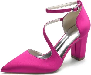 Women's Elegant High Heel Pointed Toe Satin Sandals with Floral Buckle - Chunky Heels, Closed Toe - Comfortable & Dressy for Special Occasions