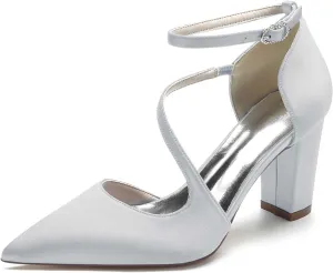 Women's Elegant High Heel Pointed Toe Satin Sandals with Floral Buckle - Chunky Heels, Closed Toe - Comfortable & Dressy for Special Occasions