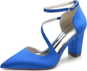 Women's Elegant High Heel Pointed Toe Satin Sandals with Floral Buckle - Chunky Heels, Closed Toe - Comfortable & Dressy for Special Occasions