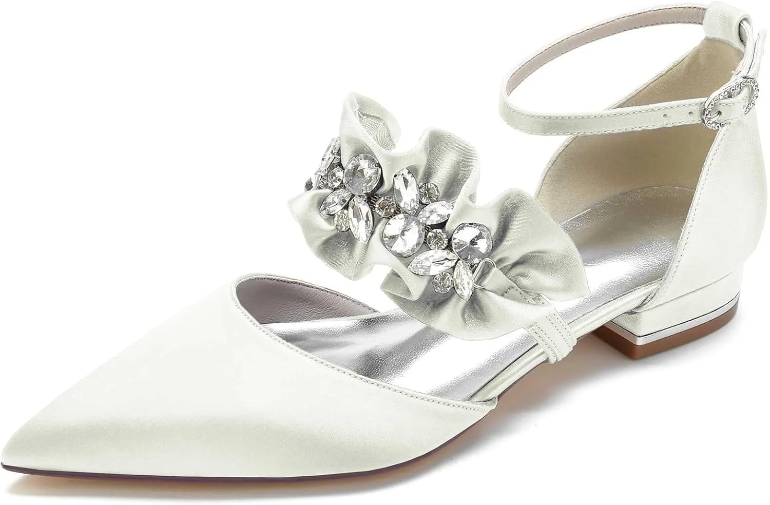 Women's Pointed Toe Satin Wedding Flats for Bride Comfortable Lace Bridal Shoes Formal Closed Toe Buckle Flats Ballet Flats