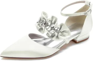 Women's Pointed Toe Satin Wedding Flats for Bride Comfortable Lace Bridal Shoes Formal Closed Toe Buckle Flats Ballet Flats